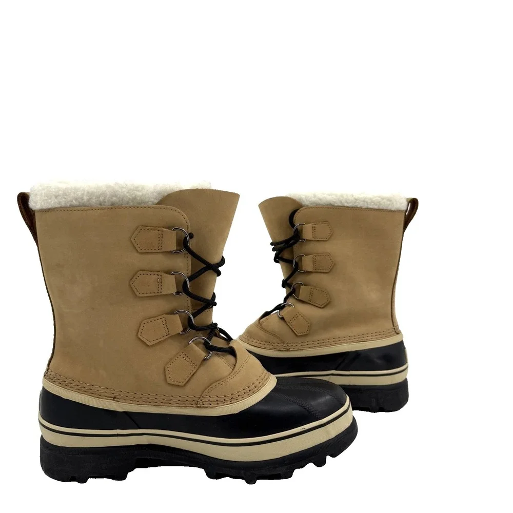 Sorel Caribou Waterproof Boots Mens 8.5 Tan Leather Winter Snow Faux Fur